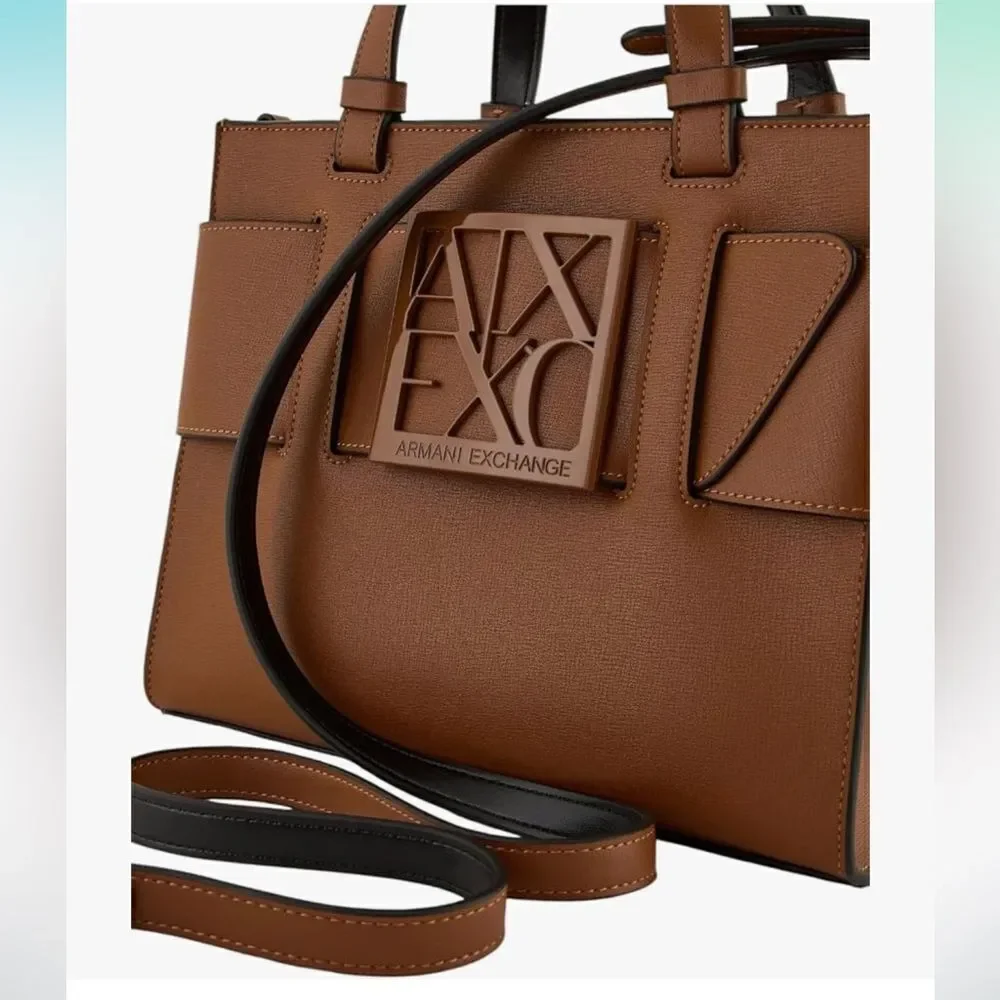 A/X Whiskey Brown Medium Faux Leather Tote with Central Logo Crossbody Strap